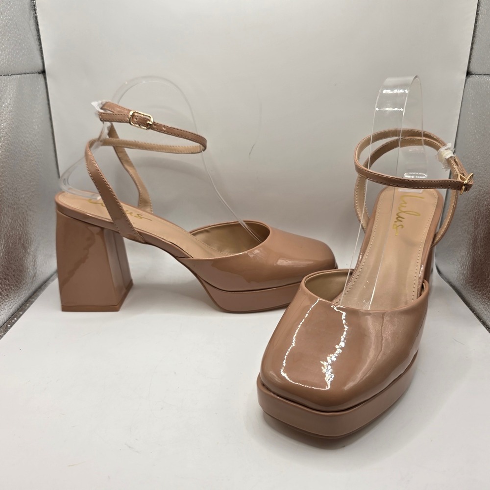 Lulus Ivyan Tan Patent Square Toe Platform Block Heel Ankle Strap Pumps Women 10